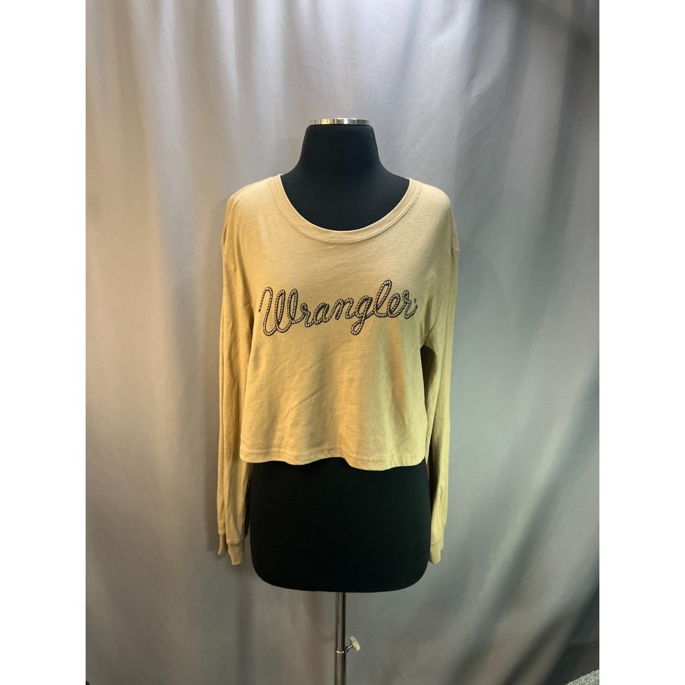 Wrangler Rope Logo Cropped T Shirt Womens Medium Beige Boyfriend Fit Round Neck